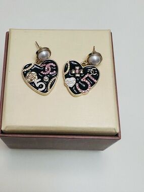 Black and Pink Heart Drop Earrings with Pearl Accent